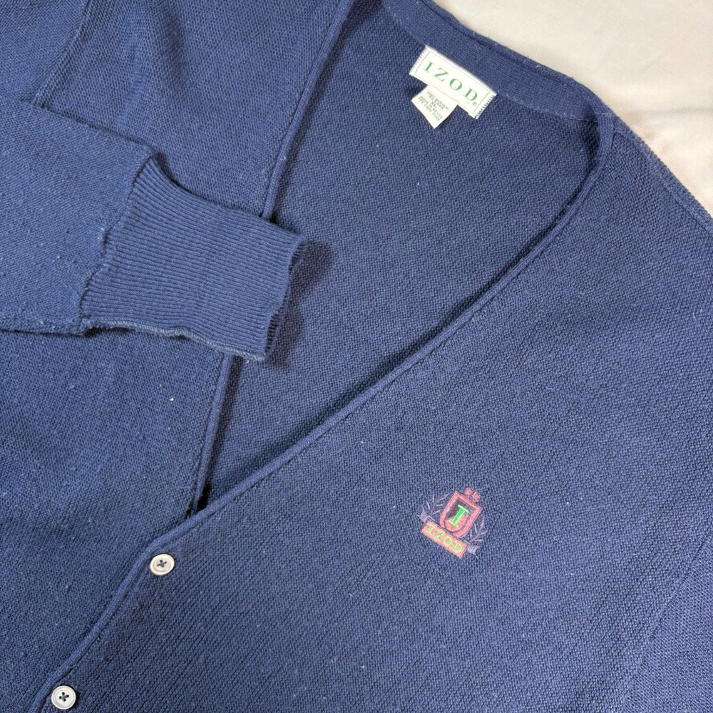 Vintage Izod Cardigan Sweater Mens XL Navy Blue Embroidered Crest Logo Preppy